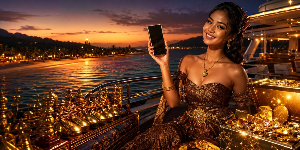 Pengguna mengakses platform casino dari perangkat seluler di tepi pantai sore hari