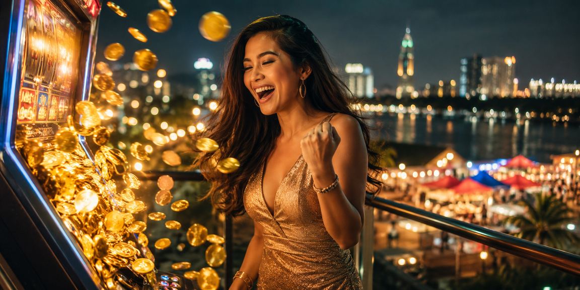 Mesin slot warna-warni di tepi pantai dengan tampilan game online yang cerah dan menarik