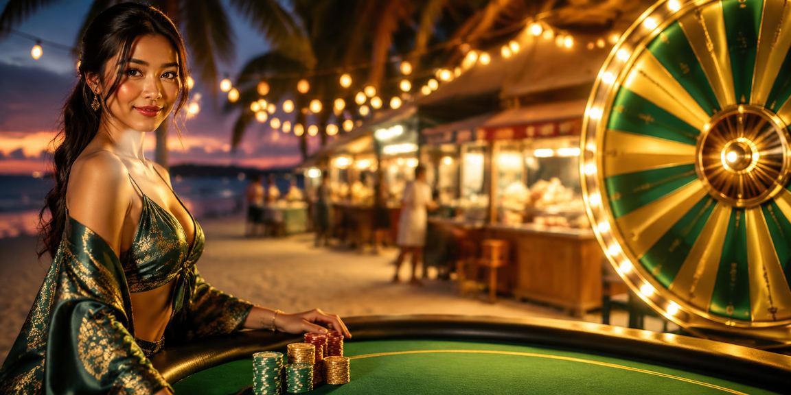 Suasana pantai sore hari saat pengguna mengikuti lucky draw dan permainan online